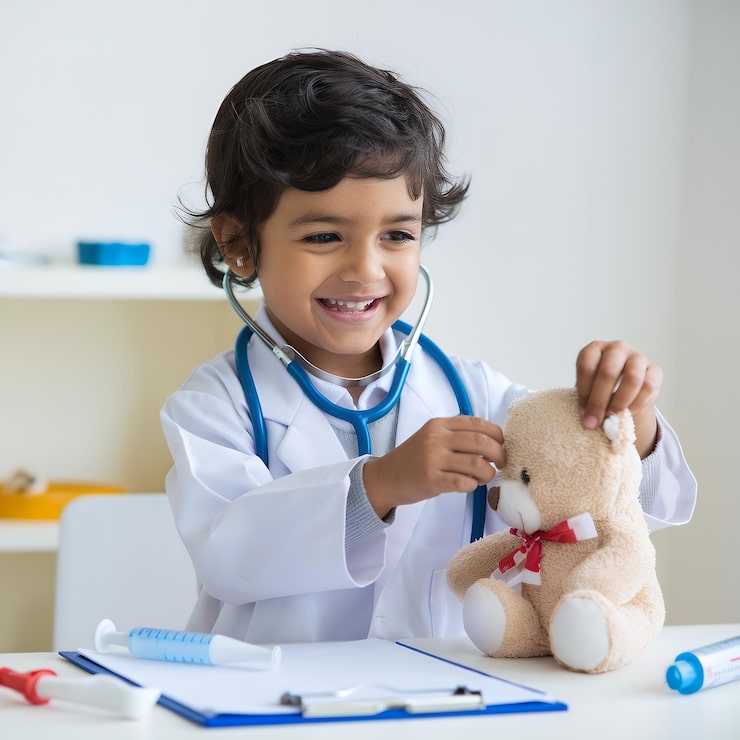 Young child in a white coat with a stethoscope, happily examining a teddy bear during a pretend medical play session.